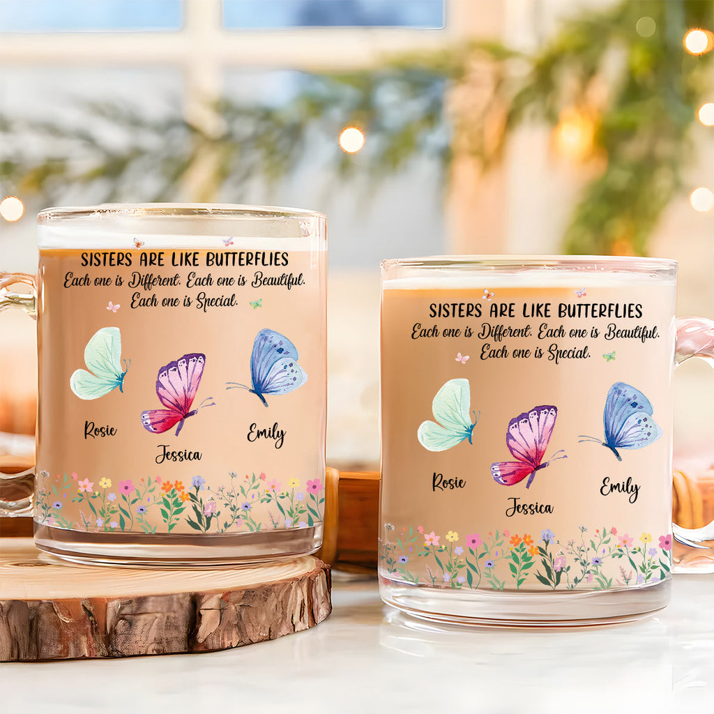 Custom Christmas & Birthday Gift For Sister • Sisters Flutter Through Life Beautifully - Personalized Glass Mug