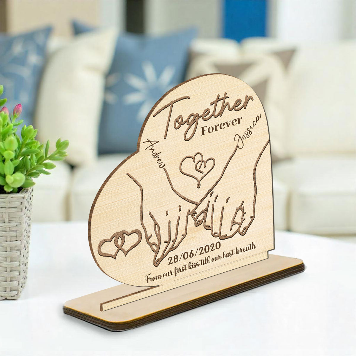 Custom Decor for Husband, Gift for Him • Together Forever Ver 2 - Personalized 2-Layer Wood Plaque With Flat Base