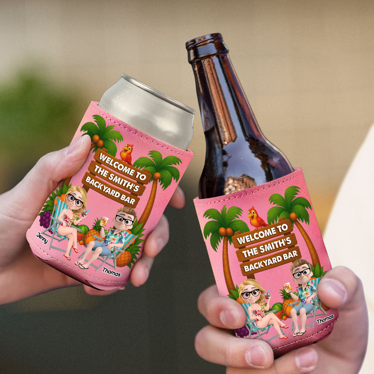 Welcome To Our Tiki Bar - Personalized Pink Leather Can Cooler Holder