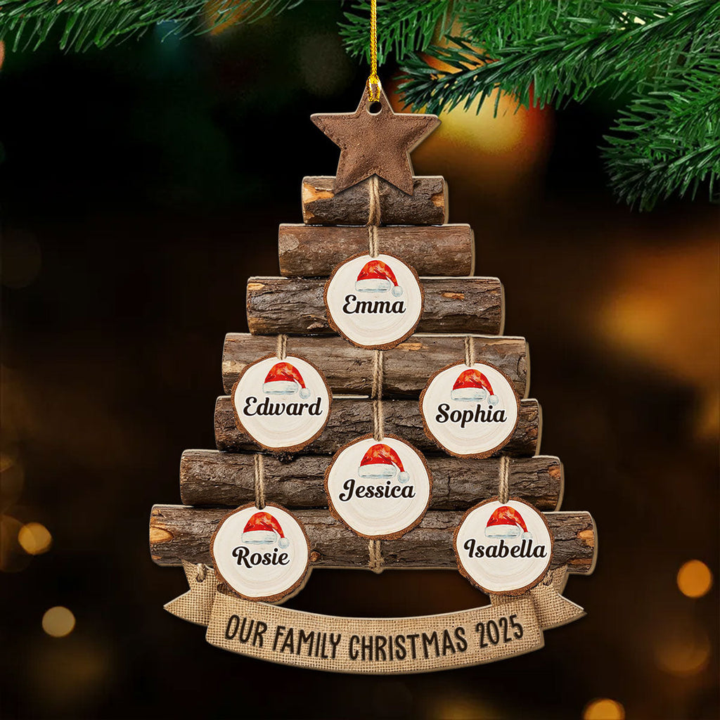 Custom Family Ornament, Christmas Gift for Family Members •  Rustic Family Christmas Tree - Personalized Wood Ornament