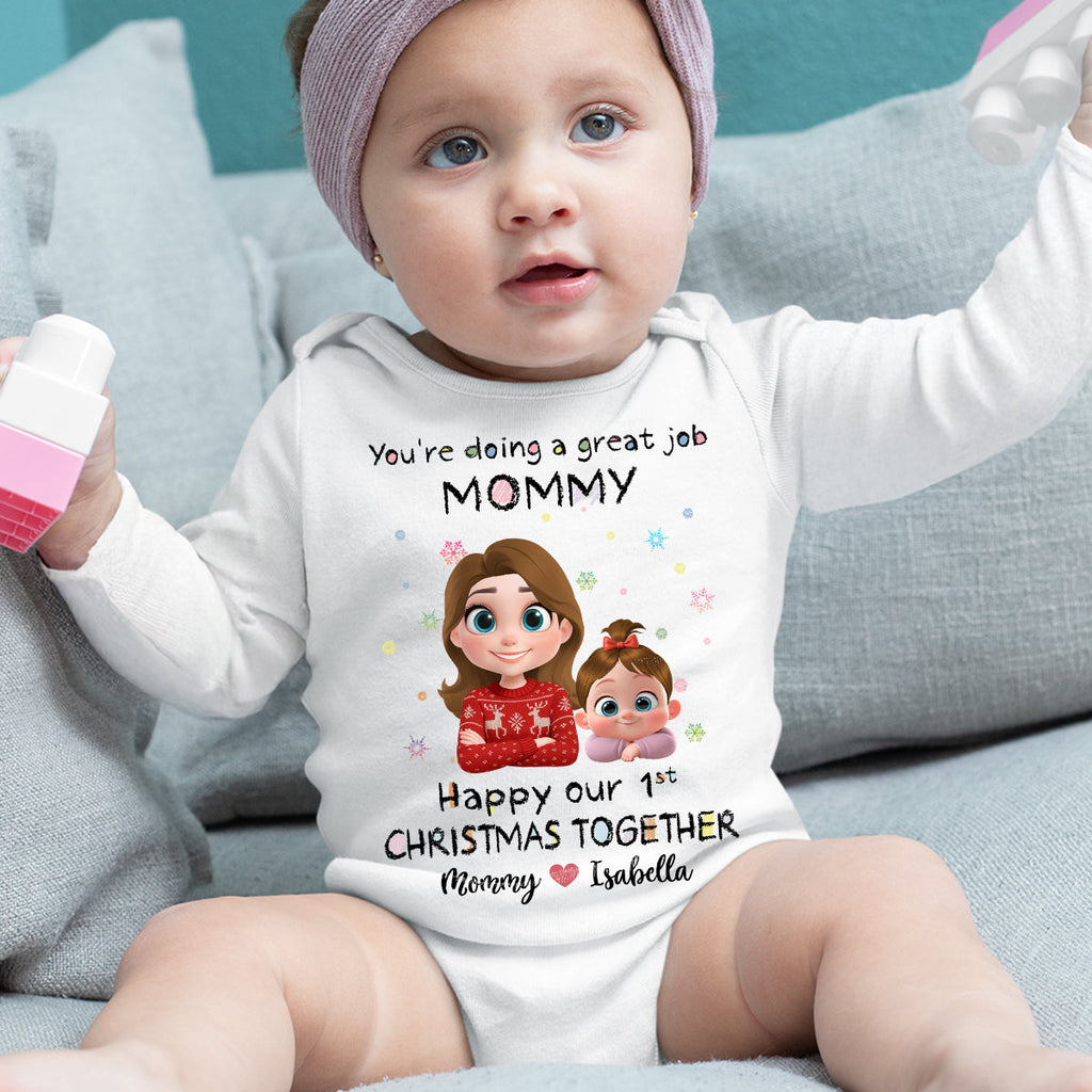 Mommy Is Doing A Great Job Cartoon Christmas - Personalized Long Sleeve Baby Onesie