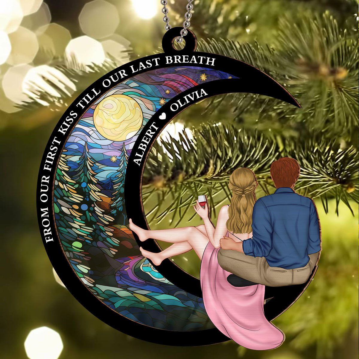 Custom Couple Christmas Ornament, Anniversary Gift •  Love You To The Moon And Back - Personalized Suncatcher Ornament