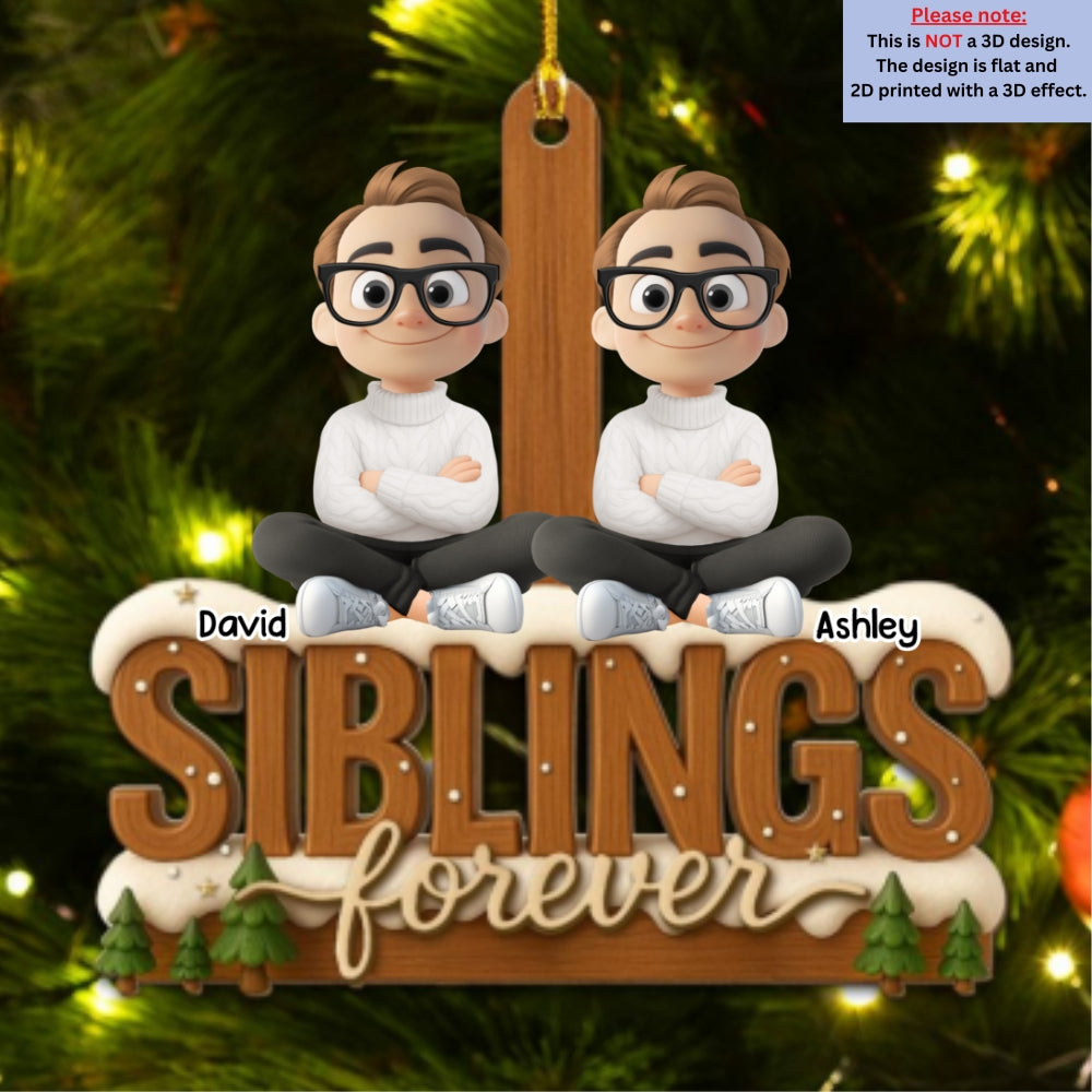 Custom Brothers & Sisters Christmas Ornament •  Connected by Heart Always - Personalized 3D Effect Wood Ornament