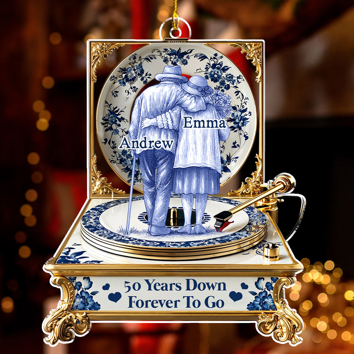 Custom Couple Christmas Ornament, Anniversary Gift •  Love In Blue Toile - Personalized Acrylic Ornament
