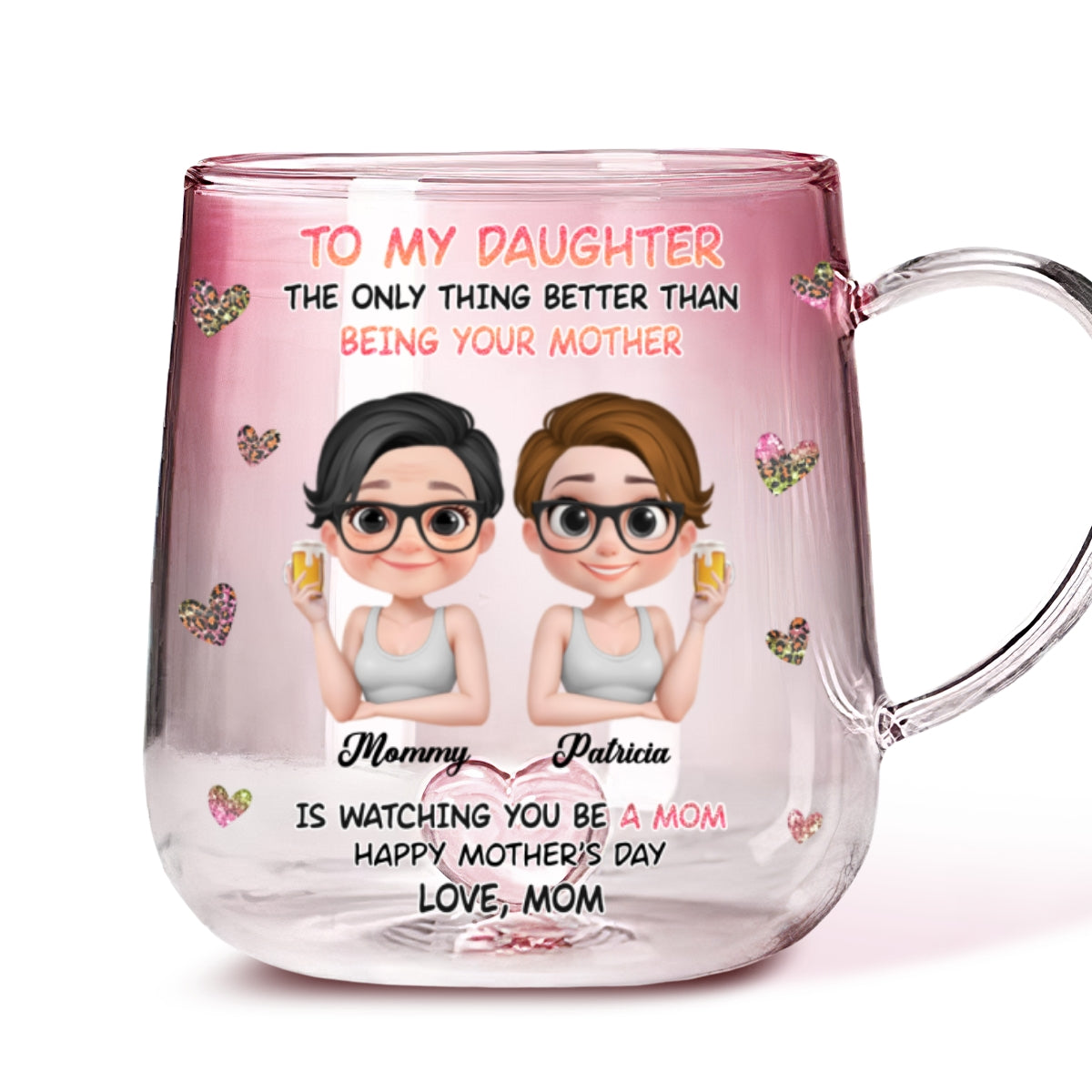 Custom Mother's Day Gift for Mom & Grandma • Watching You Be A Mom Cartoon - Personalized Pink Gradient Glass Mug