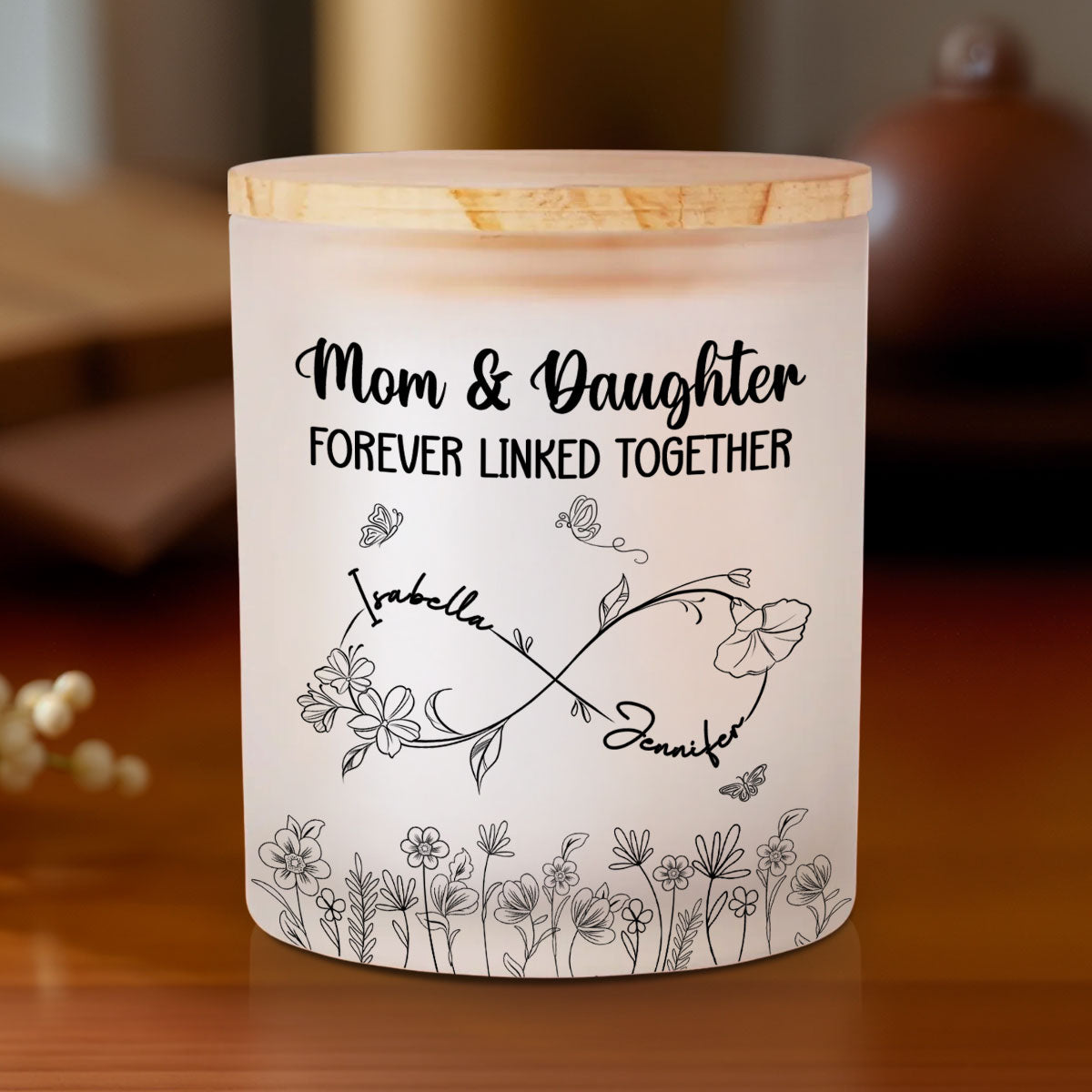 Mom And Daughter Forever Linked Together - Personalized Glass Jar With LED Candle