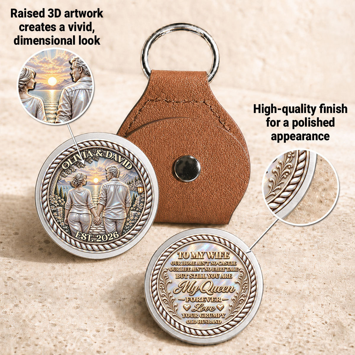 Custom Coin Keychain for Wife, Couple Anniversary Valentine's Day Gifts • Never Far Away - Personalized 3D Printing Pocket Hug