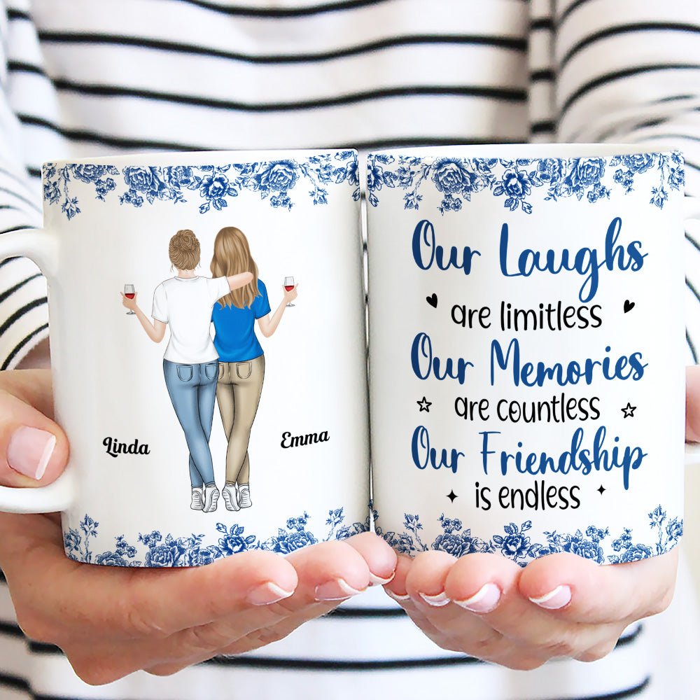 Custom Best Friend, Christmas & Birthday Friendship Keepsake Gift • Our Laughs Are Limitless Blue Toile - Personalized Coffee Mug