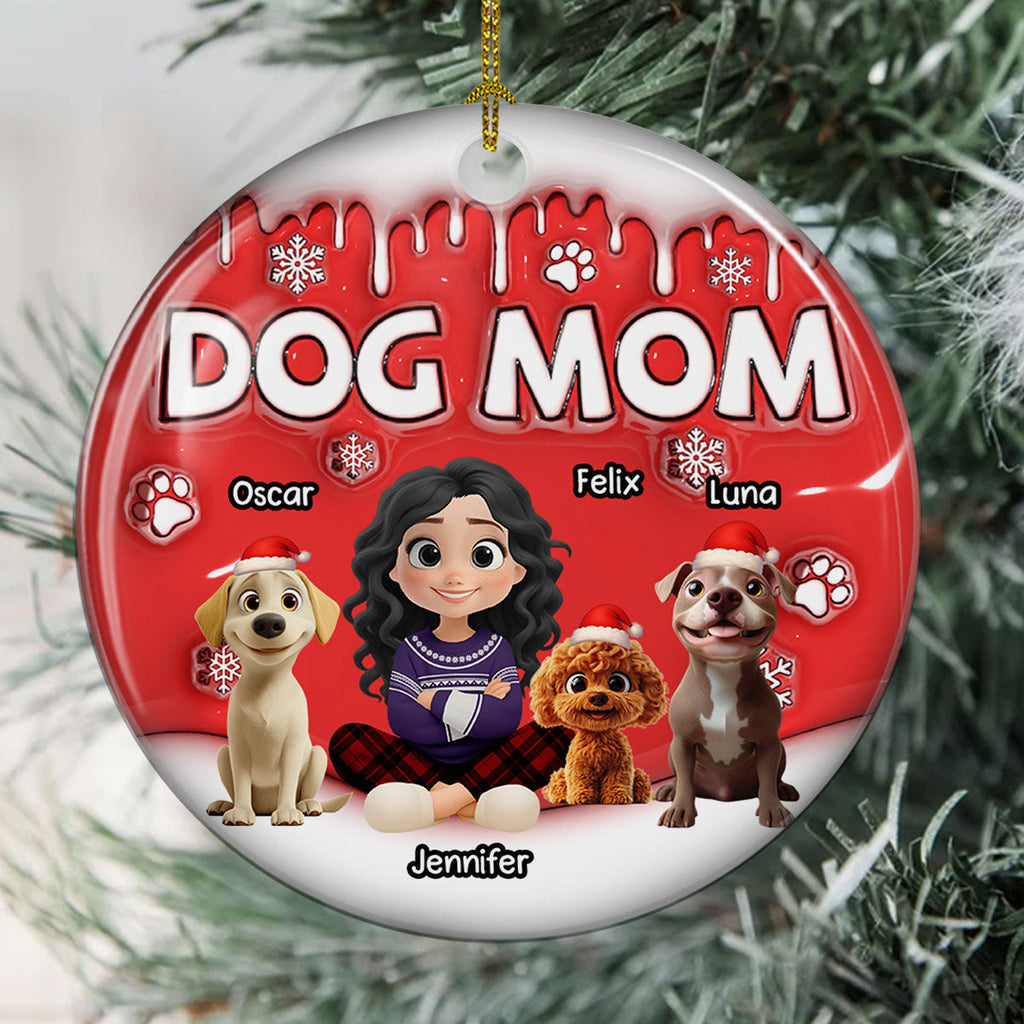 Custom Keepsake Christmas Ornament •  Dog Mom Cartoon In Christmas - Personalized 3D Inflated Effect Ceramic Ornament