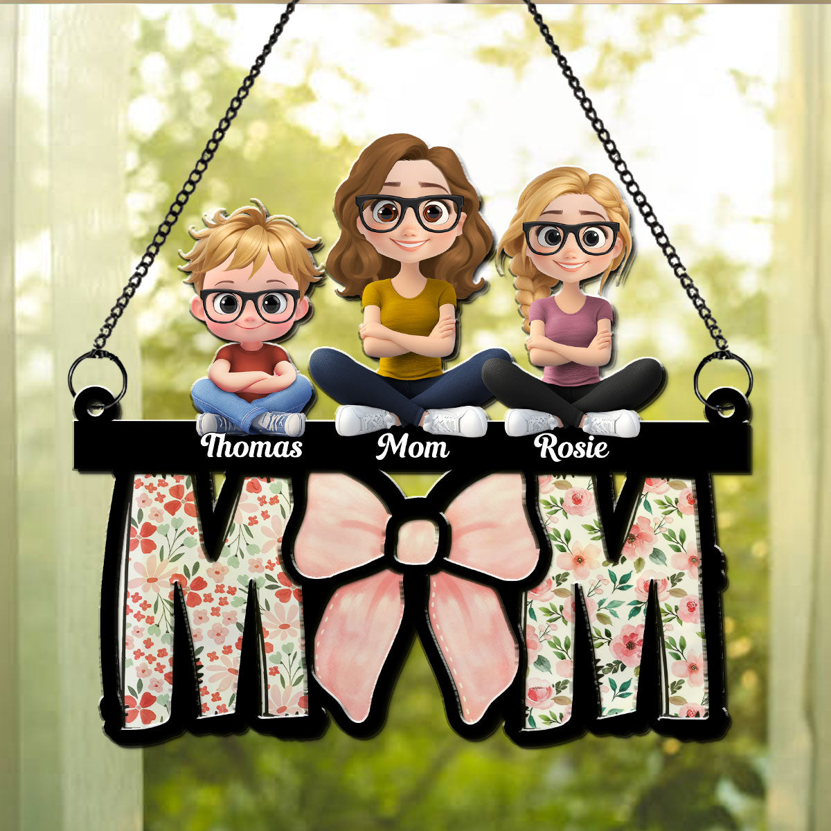 Custom Hanging Decor for Mom Daughter, Mother's Day Gifts • Mom Put A Bow On It - Personalized Suncatcher