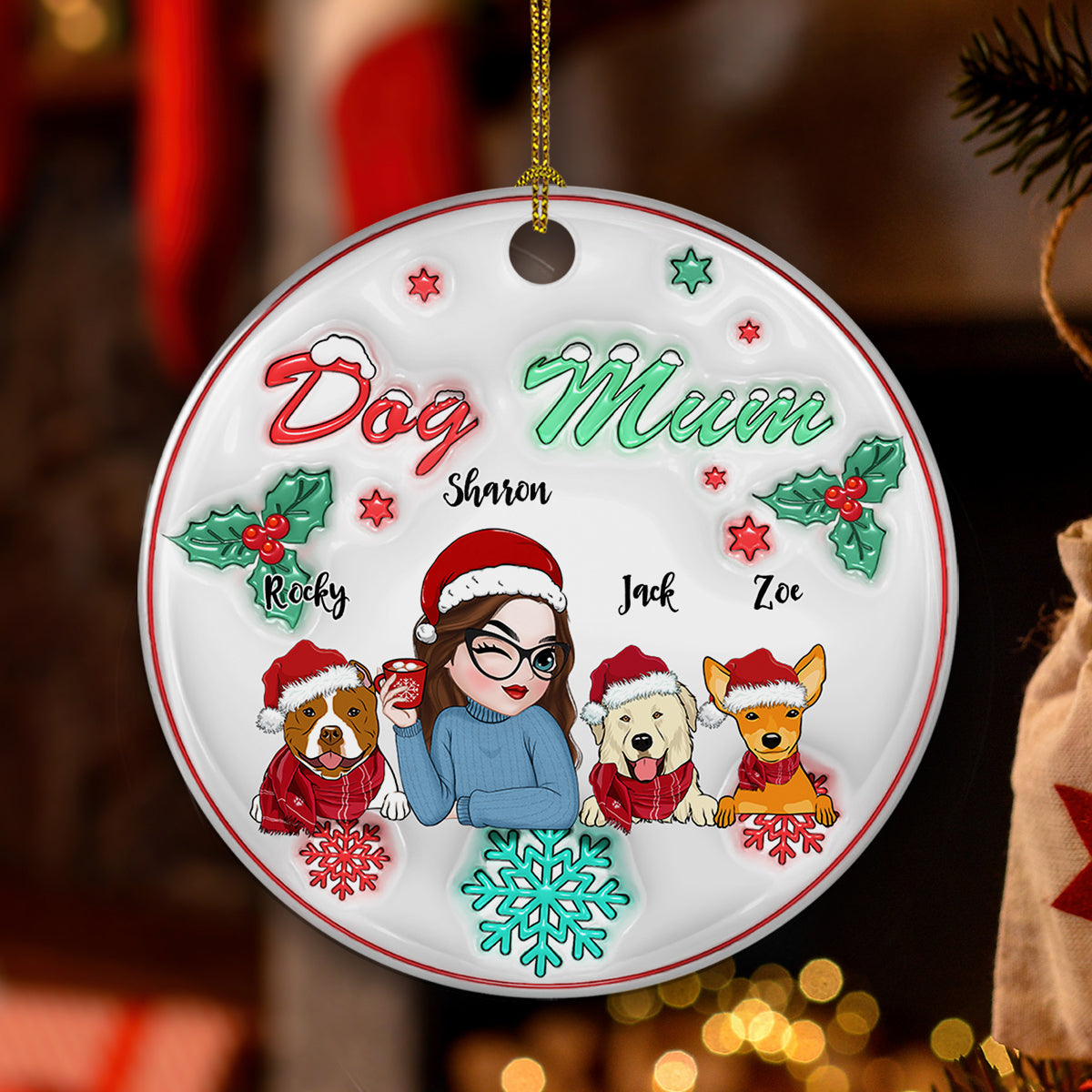 Custom Keepsake Christmas Ornament •  Dog Mom Pastel - Personalized 3D Inflated Effect Ceramic Ornament
