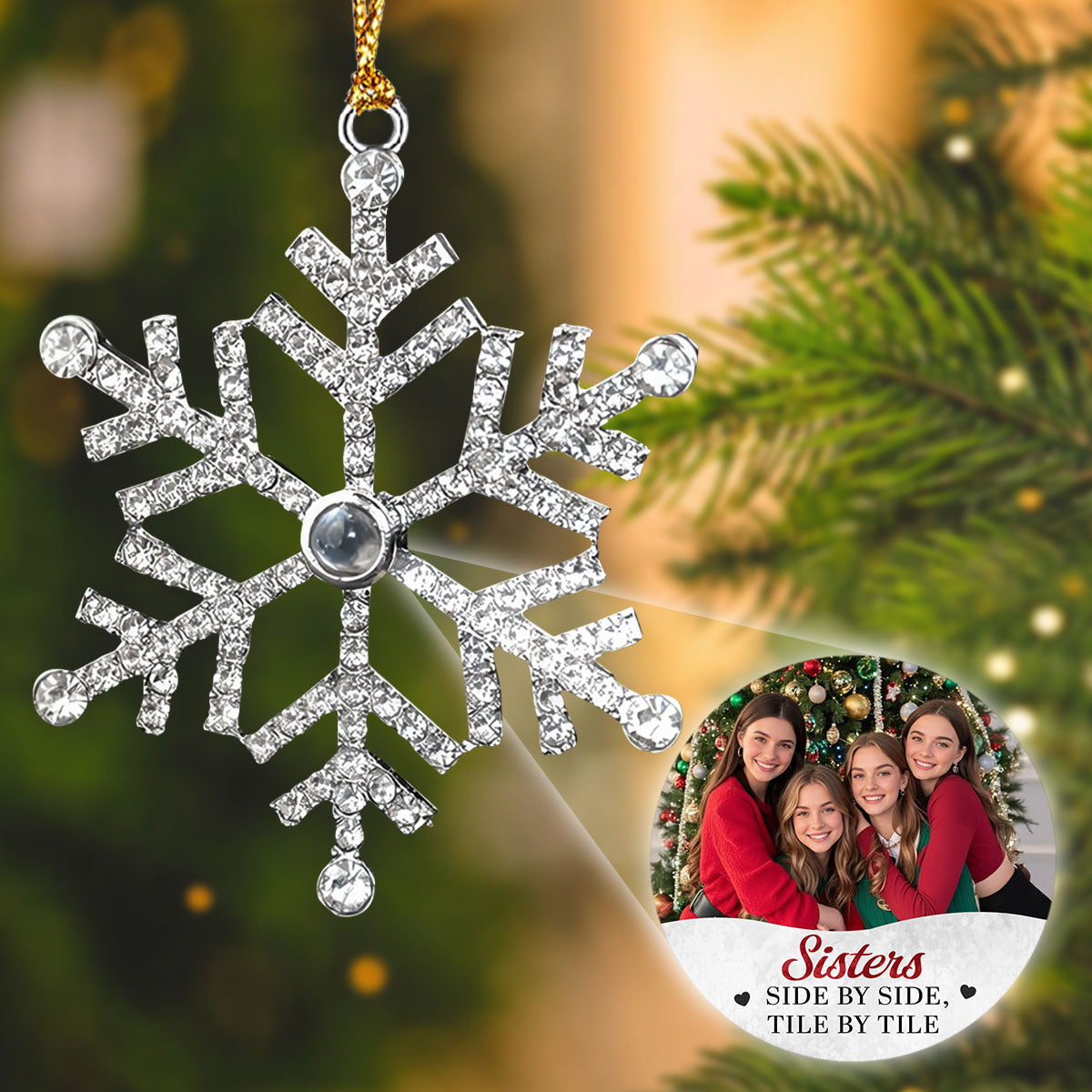 Custom Photo Sister Christmas Ornament • Side By Side Tile By Tile - Personalized Photo Snowflake Projection Ornament