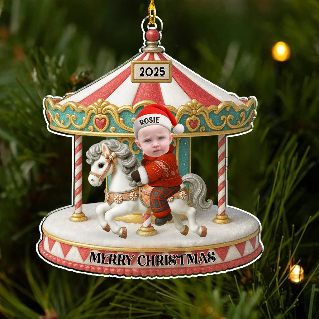 Custom Photo Baby Christmas Ornament for New Parents • Baby Riding On A Carousel - Personalized Acrylic Ornament