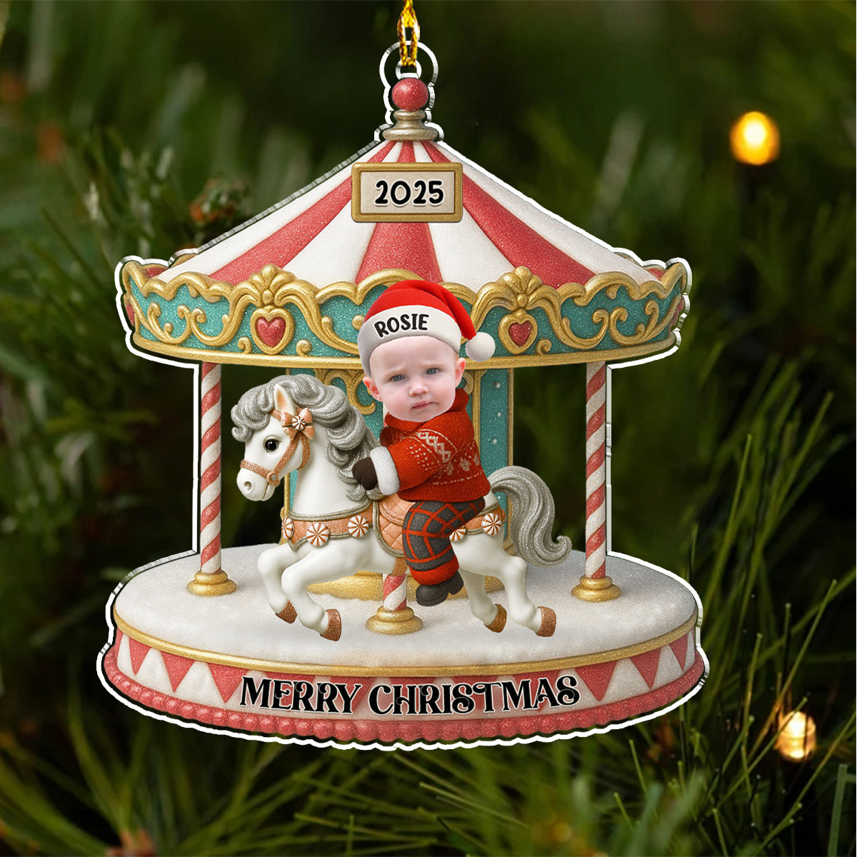 Custom Photo Baby Christmas Ornament for New Parents • Baby Riding On A Carousel - Personalized Acrylic Ornament
