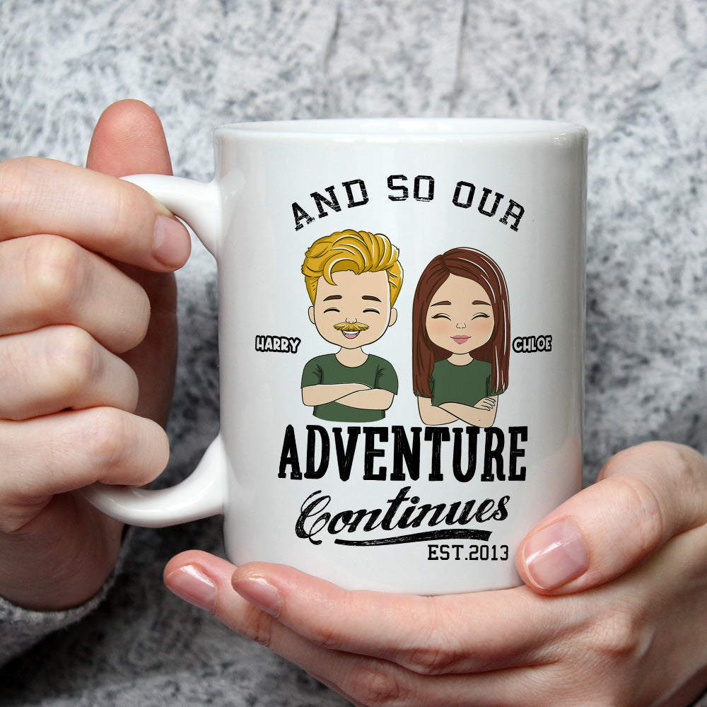 Custom Anniversary Keepsake Gifts For Couple • The Adventure Continues - Personalized Coffee Mug