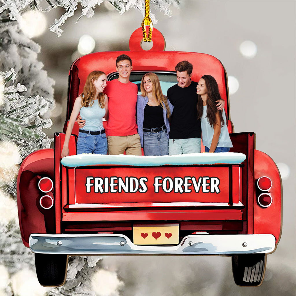 Custom Photo Friendship Christmas Ornament, Best Friend Gift • Bestie On Red Truck - Personalized 1-layered Wood Ornament