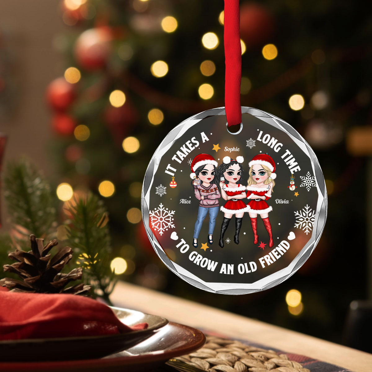 Custom Friendship Christmas Ornament, Best Friend Gift •  Besties Christmas - Personalized Glass Ornament