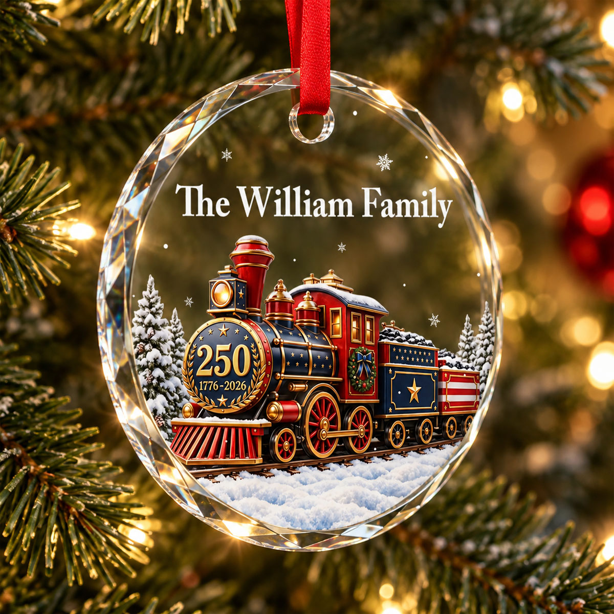 Custom Family Ornament, Christmas Gift for Family Members •  250th Christmas Train - Personalized Glass Ornament
