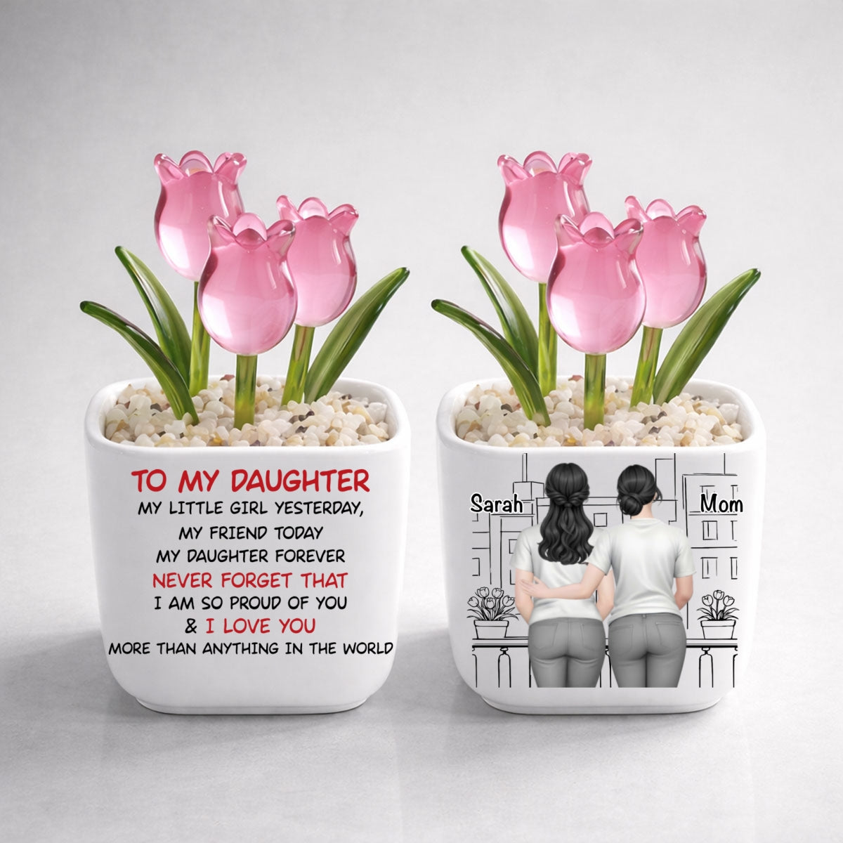 Custom Flower Keepsake, Meaningful Glass Home Decor Gift • Mom And Daughter Forever Back View - Personalized Glass Everlasting Tulips