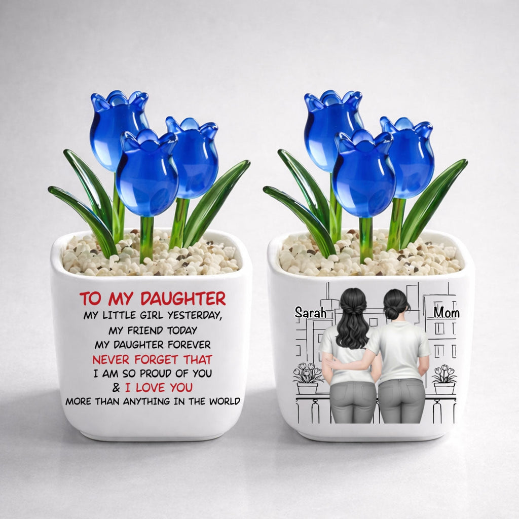 Custom Flower Keepsake, Meaningful Glass Home Decor Gift • Mom And Daughter Forever Back View - Personalized Glass Everlasting Tulips