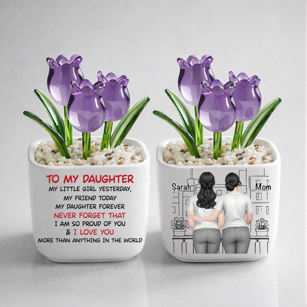 Custom Flower Keepsake, Meaningful Glass Home Decor Gift • Mom And Daughter Forever Back View - Personalized Glass Everlasting Tulips