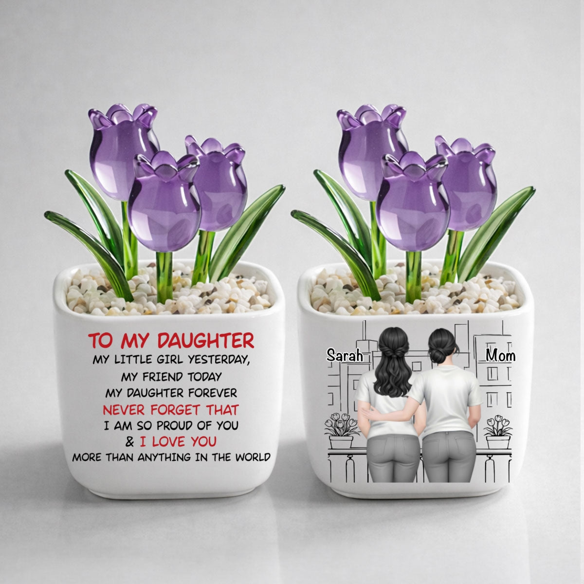 Custom Flower Keepsake, Meaningful Glass Home Decor Gift • Mom And Daughter Forever Back View - Personalized Glass Everlasting Tulips