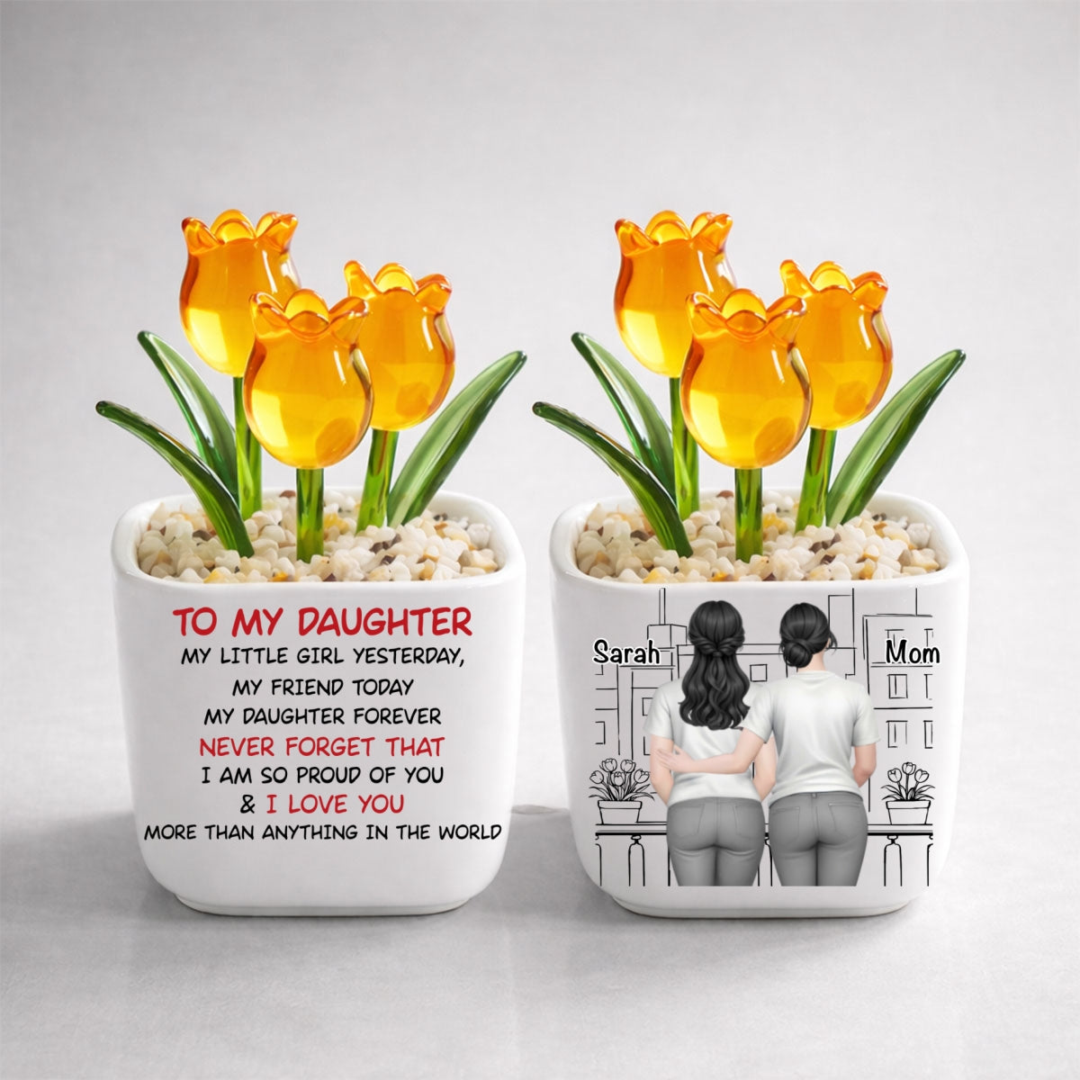 Custom Flower Keepsake, Meaningful Glass Home Decor Gift • Mom And Daughter Forever Back View - Personalized Glass Everlasting Tulips