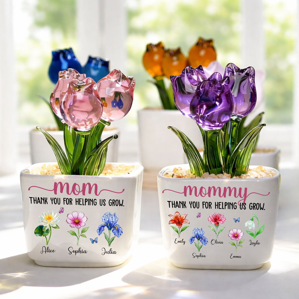 Custom Mother's Day Flower Keepsake, Glass Home Decor Gift for Mom • Thank You For Helping Me Grow - Personalized Glass Everlasting Tulips