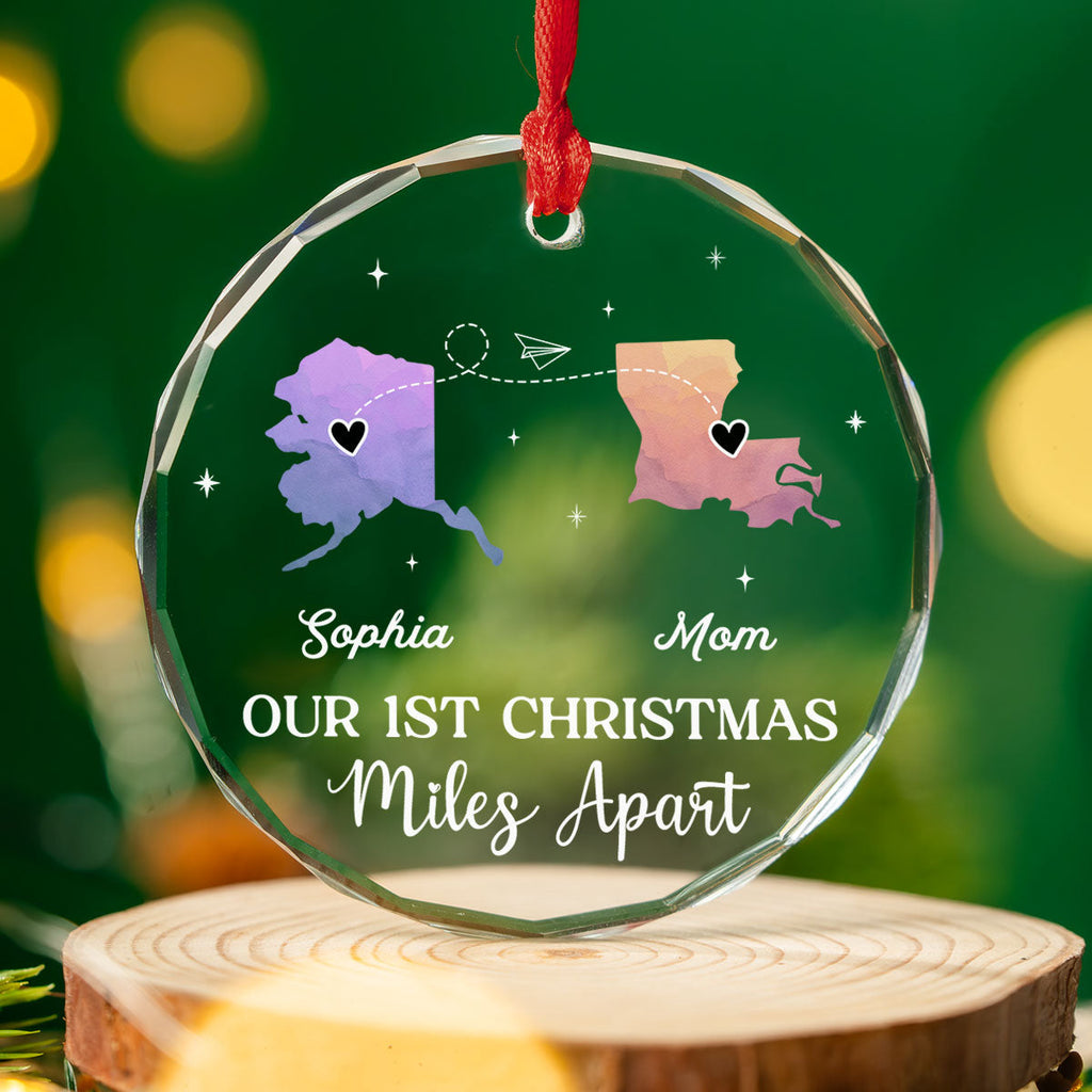 Custom Family First Christmas Ornament •  Our Christmas Miles Apart Same Love - Personalized Glass Ornament