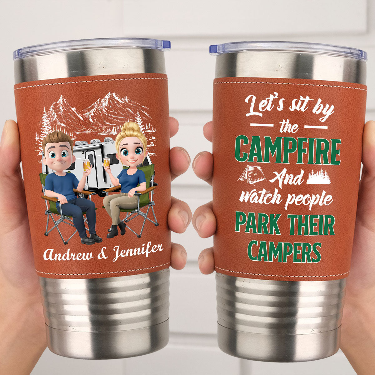 Custom Christmas Anniversary Gifts For Couple • Camp Fire - Personalized Leather Tumbler