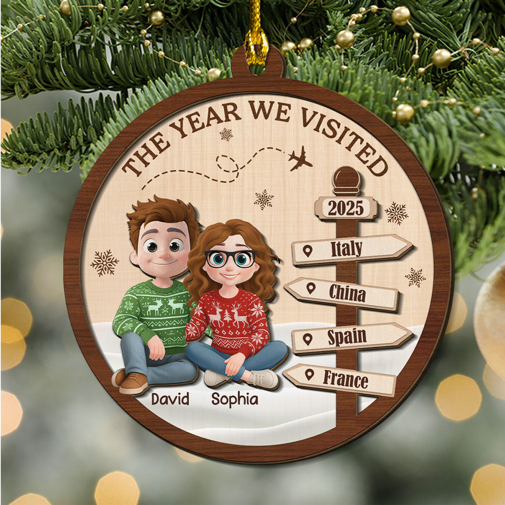 Custom Couple Christmas Ornament, Anniversary Gift •  Visit The World Together - Personalized 2-Layered Wood Ornament