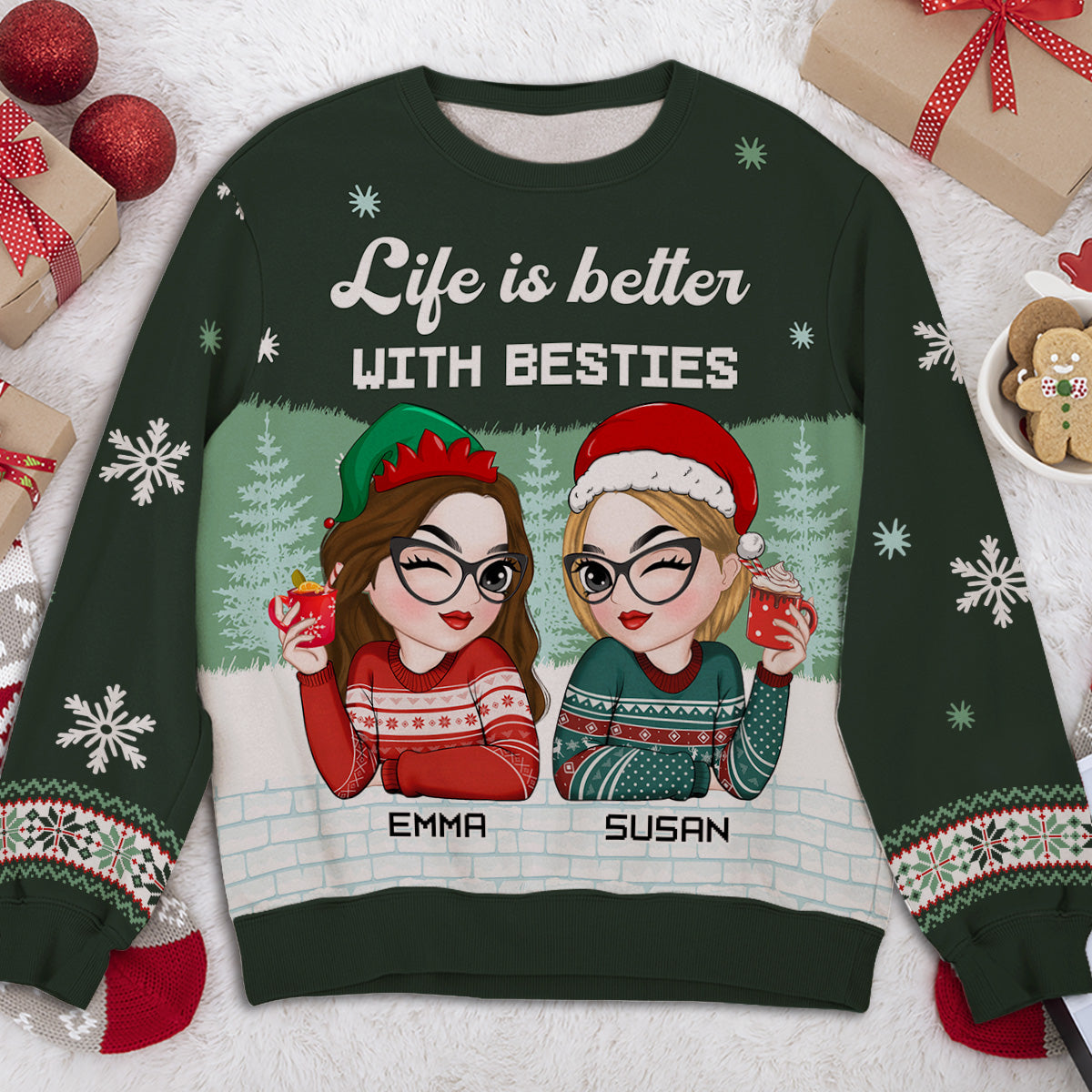 Custom Friendship Christmas Sweatshirt, Best Friend Gift • Besties Forever 2024 - Personalized All-Over-Print Sweatshirt