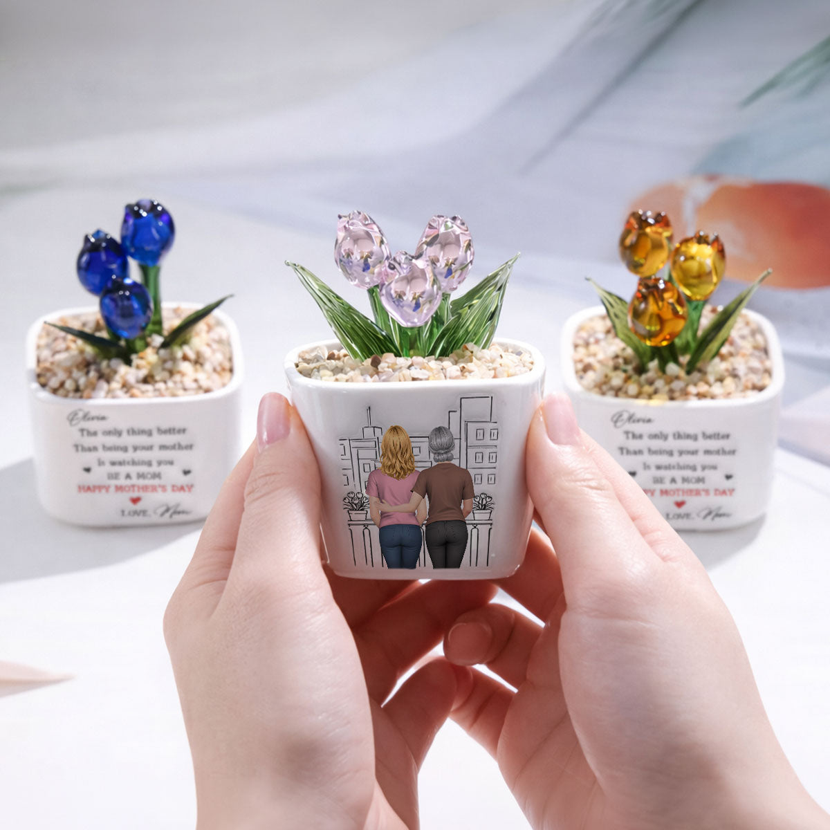 Custom Flower Keepsake, Glass Home Decor Gift for Daughter • Watching You Be Caring Mom - Personalized 3D Inflated Effect Glass Everlasting Tulips
