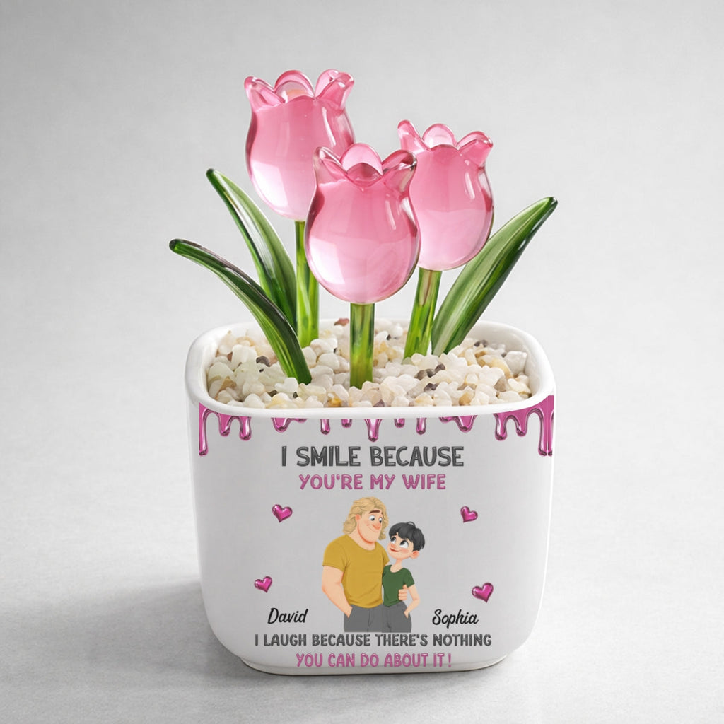 Custom Glass Flower Keepsake, Romantic Anniversary Gift for Wife • Because You Are My Wife - Personalized Glass Everlasting Tulips
