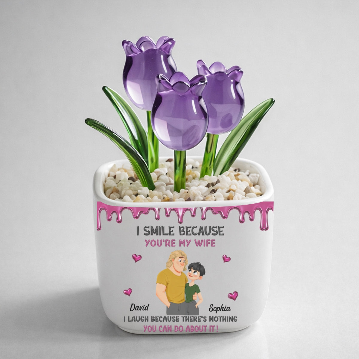 Custom Glass Flower Keepsake, Romantic Anniversary Gift for Wife • Because You Are My Wife - Personalized Glass Everlasting Tulips