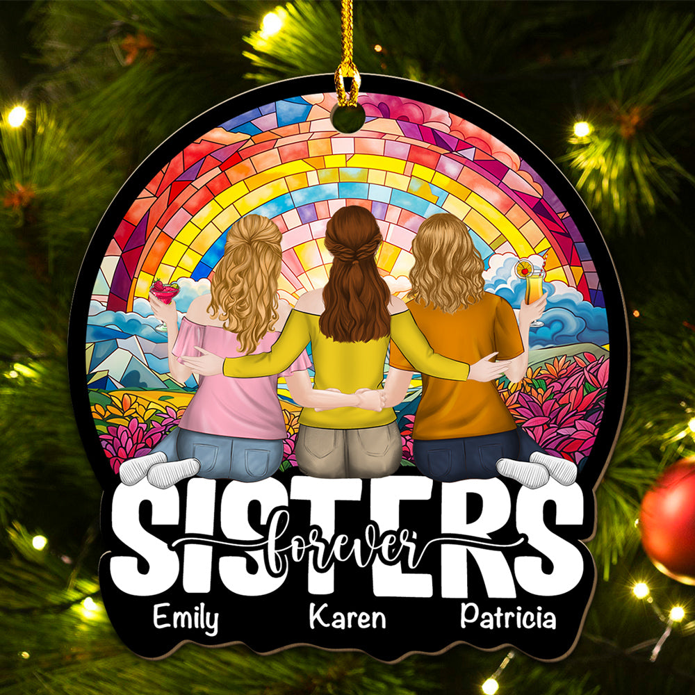 Custom Friendship Christmas Ornament, Best Friend Gift •  Besties Sitting Together - Personalized Wood Ornament