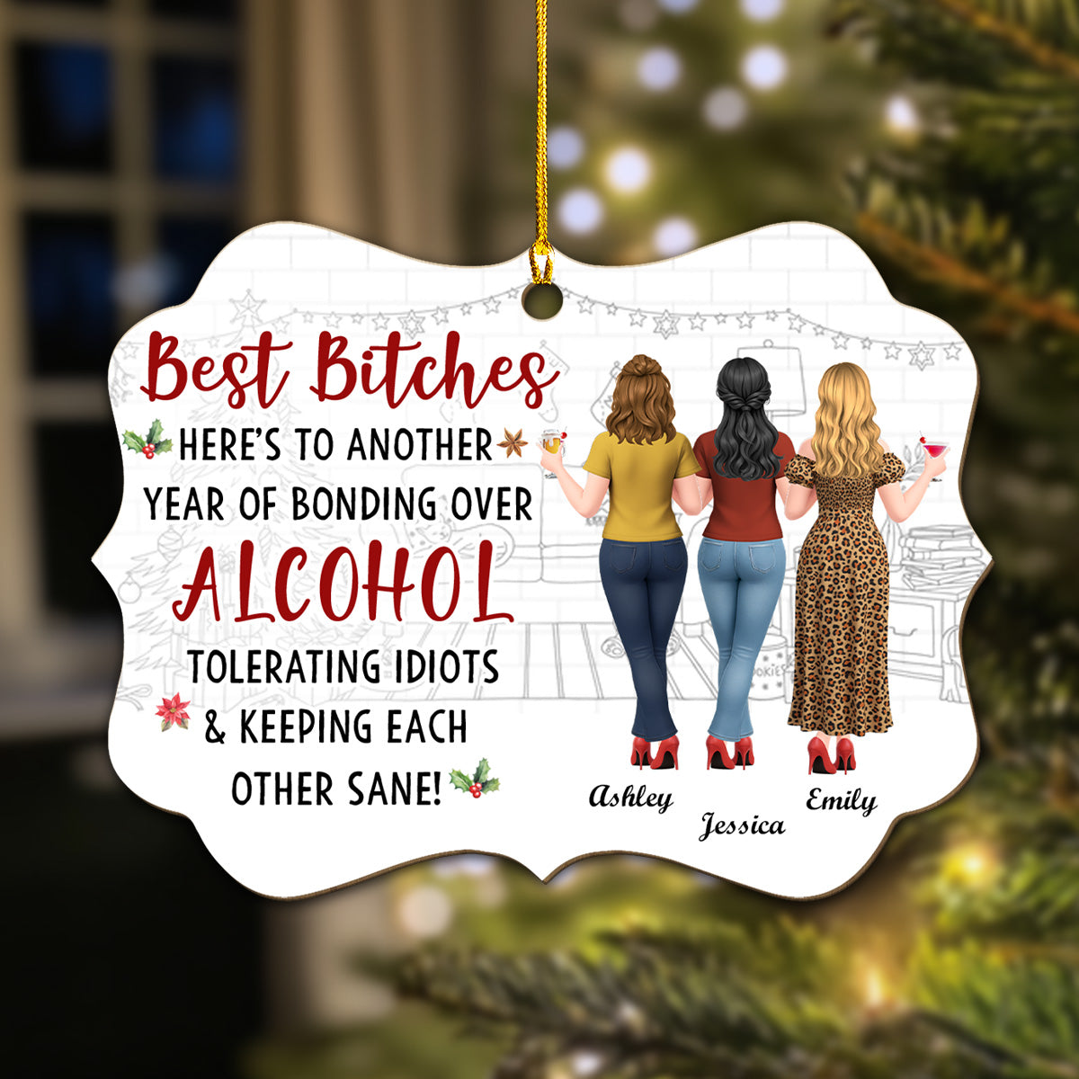 Custom Friendship Christmas Ornament, Best Friend Gift •  Cheers To Another Crazy Year - Personalized Wood Ornament
