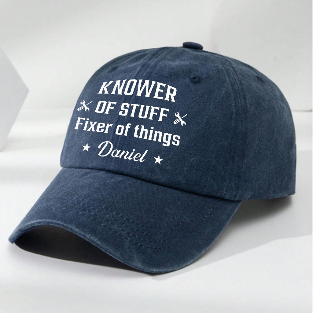 Custom Father's Day Christmas Birthday Gifts for Dad • Fixer And Knower - Personalized Vintage Washed Denim Cap