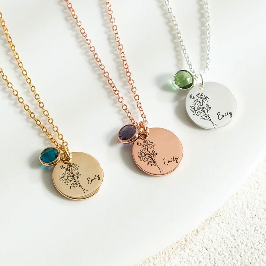 Birth Month Flower - Personalized Birthstone Necklace