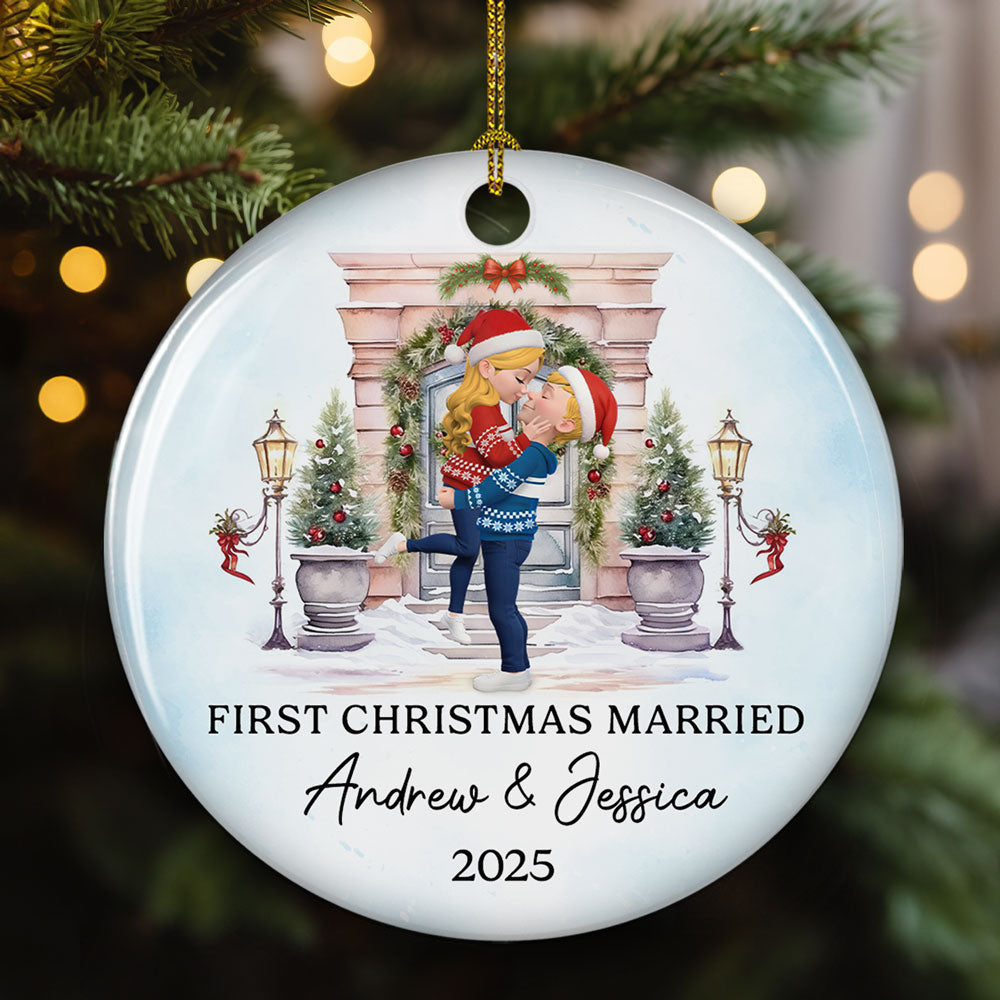 Custom First Christmas Ornament Married, Gift for Newlyweds •  Love Shines Bright This Christmas - Personalized Ceramic Ornament