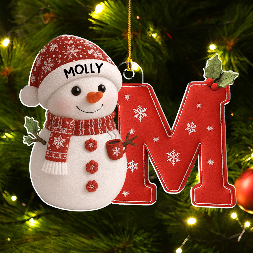 Custom Initial Christmas Ornament Stocking Tag with Name • Little Snowman Joy With Letter - Personalized Acrylic Ornament
