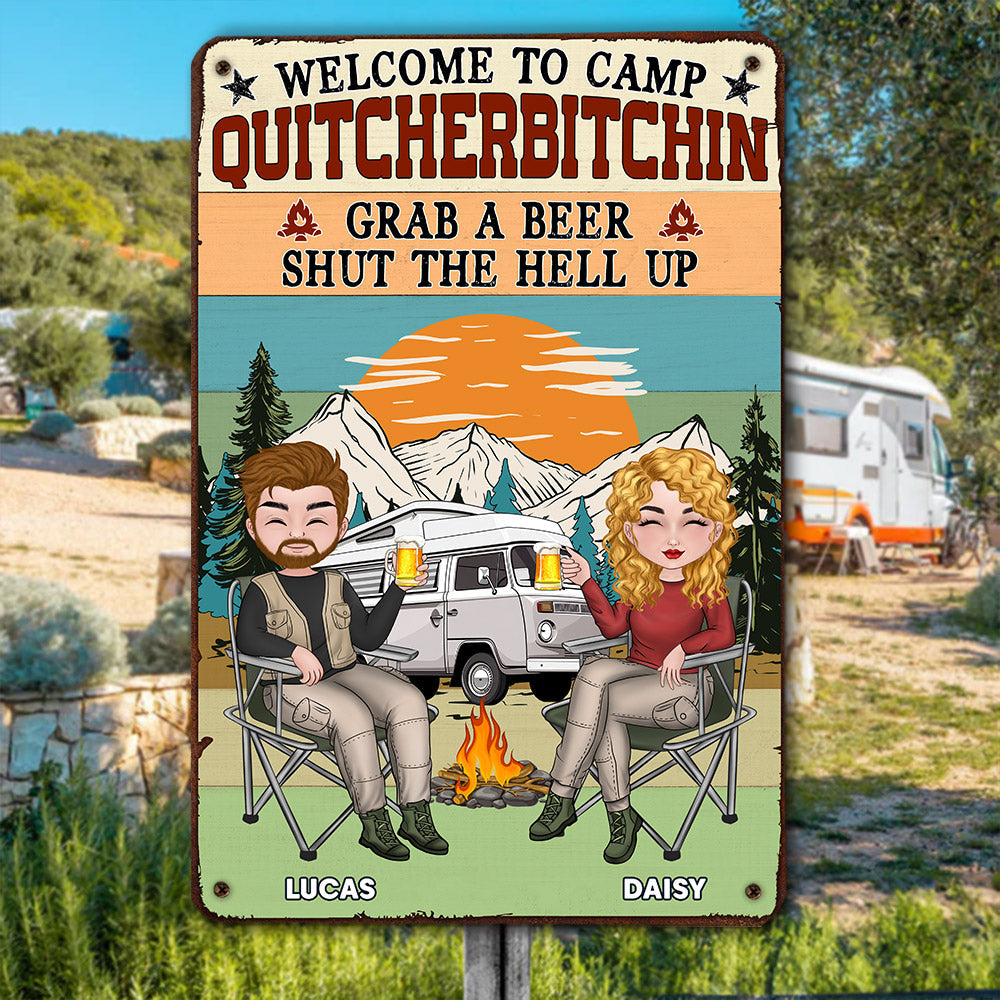 Custom Couple Campground Sign, Campsite Outdoor Wall Decor • Grab A Beer - Personalized Metal Sign