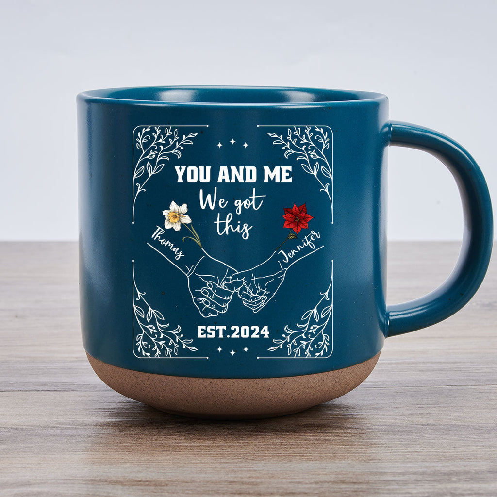 Custom Anniversary Keepsake Gifts For Couple • Birth Flower Hands In Hands - Personalized Pottery Mug