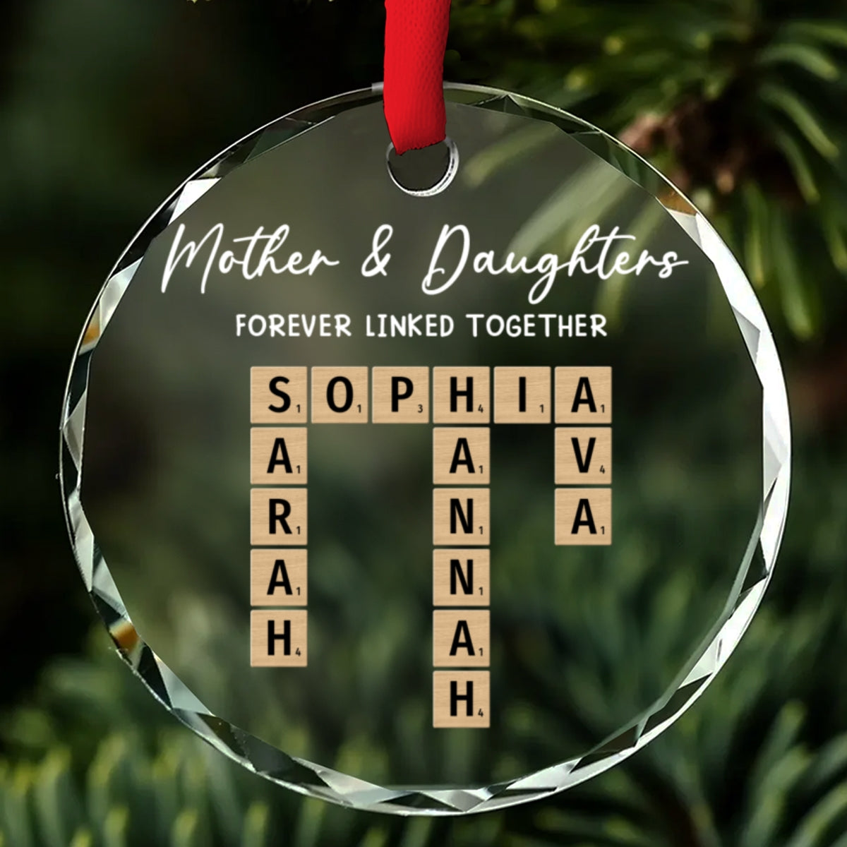 Custom Family Ornament, Christmas Gift for Family Members •  Mother With Daughters Hearts Stay United - Personalized Glass Ornament