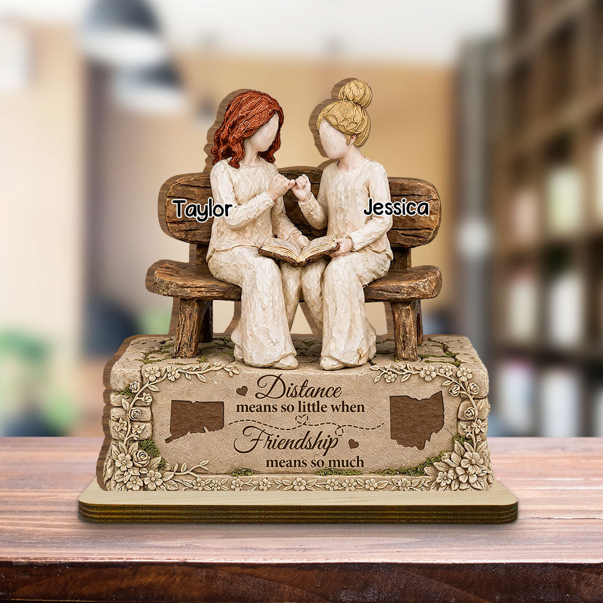 Custom Friendship Decor, Christmas Birthday Gifts For Best Friend • Besties Across The Miles - Personalized 2-Layer Wood Plaque With Flat Base
