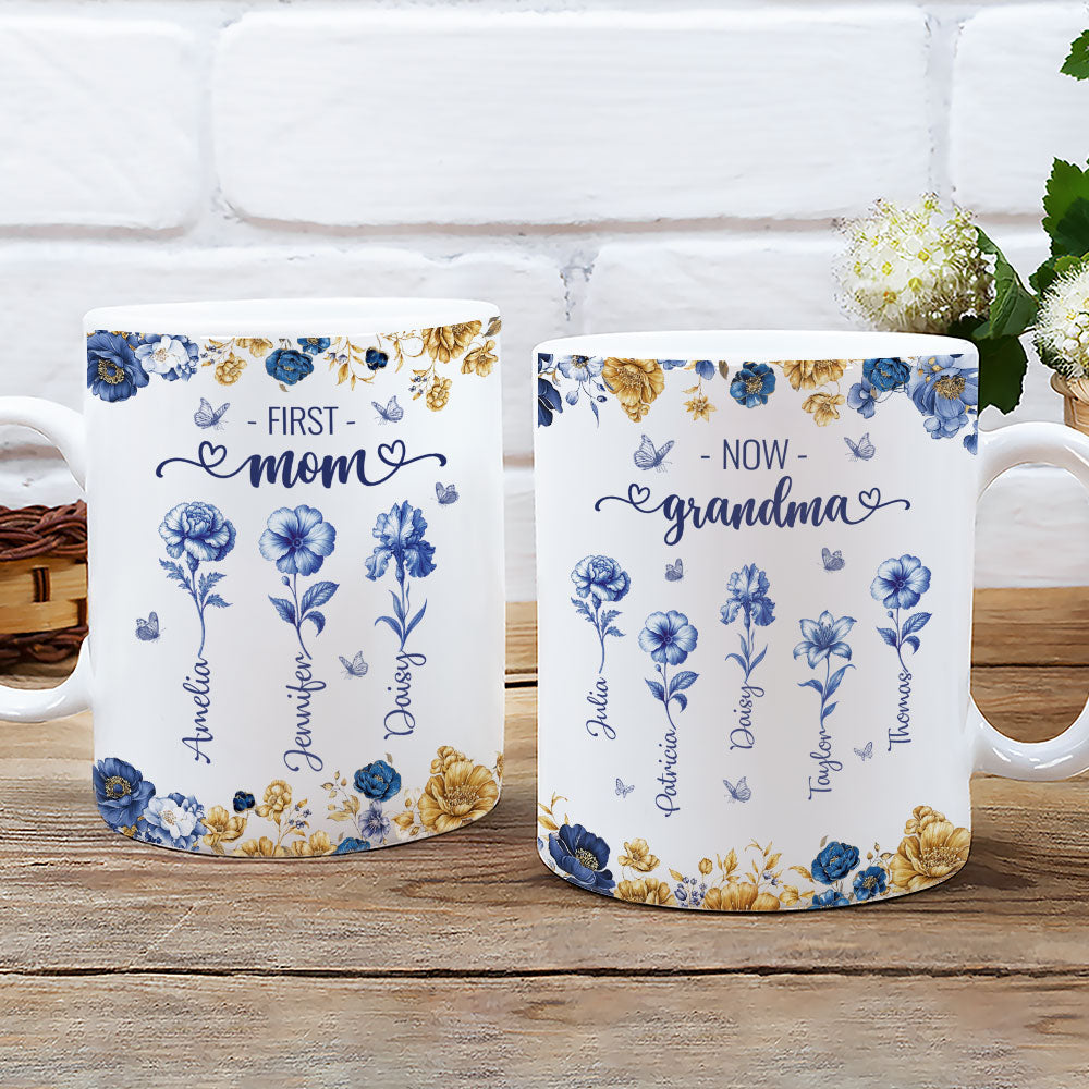Custom Christmas & Birthday Gift For Grandma • Mom Then Grandma Now Blue Toile - Personalized Coffee Mug