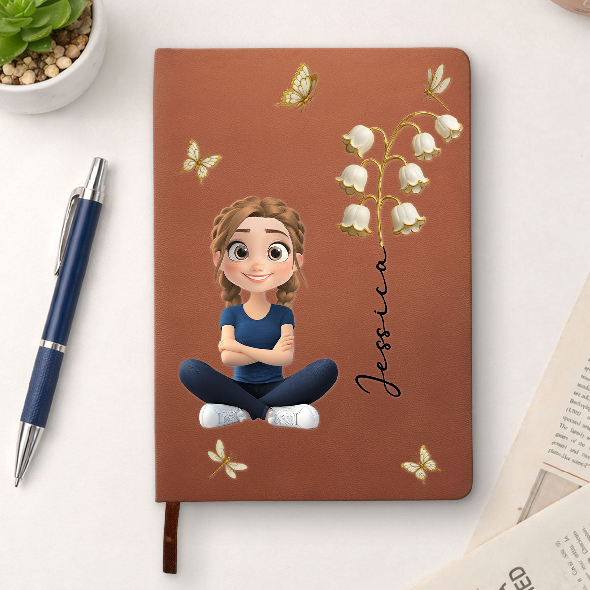 Custom Birth Flower & Name Notebook For Daughter, Granddaughter • Floral Soul - Personalized Leather Journal