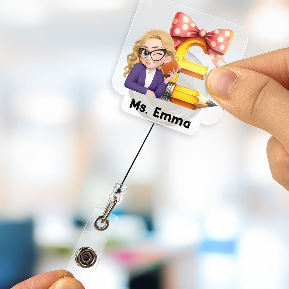 Custom Teacher Character ID Holder, Back To School Gift • Alphabet Cartoonize - Personalized Acrylic Badge Reel