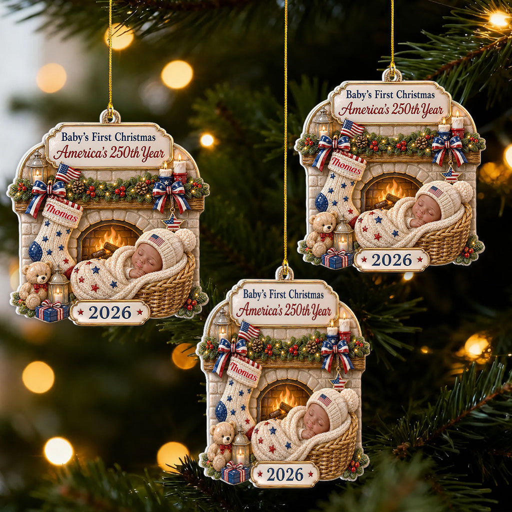 Custom Patriotic Christmas Ornament for Family, 250th Anniversary • A Special Christmas To Remember - Personalized 3D White Acrylic Ornament