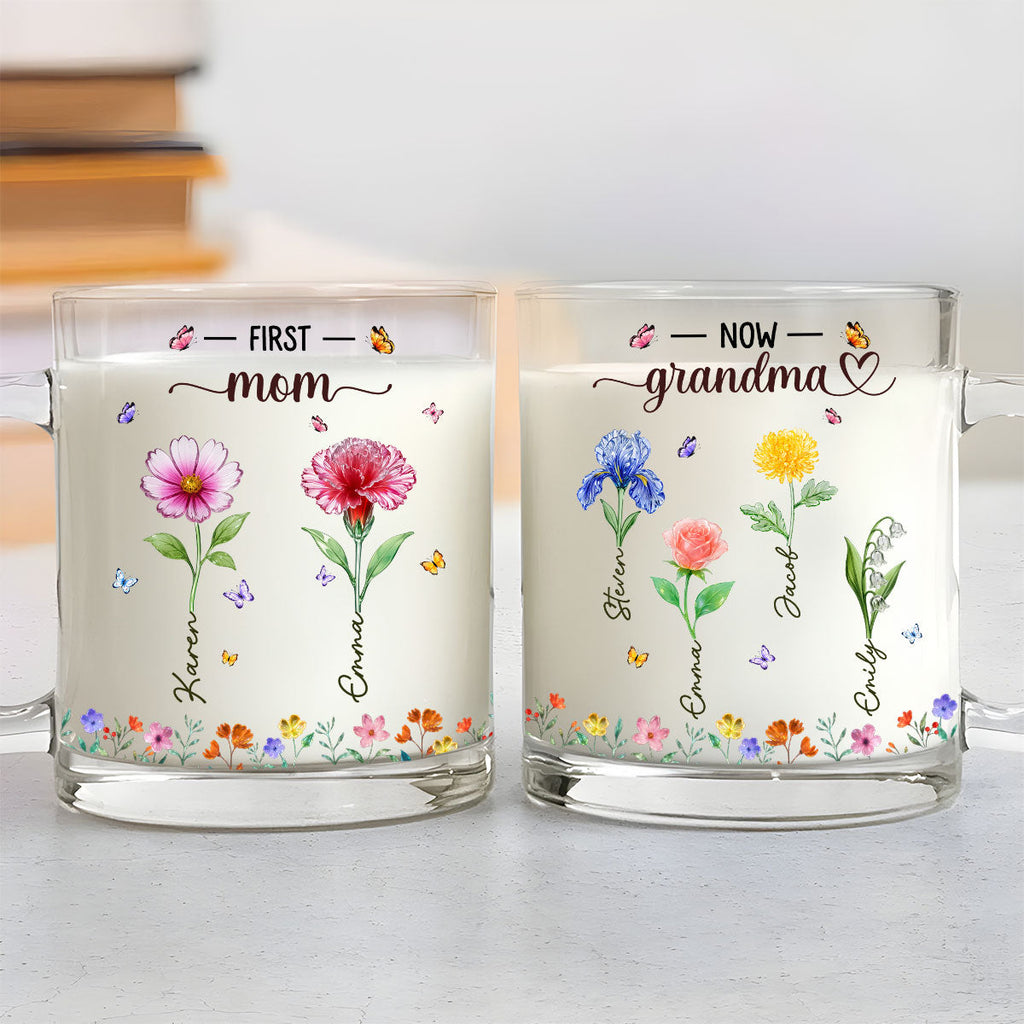 Custom Mother's Day Gift for Mom & Grandma • Grandma Birthmonth Glass Flower - Personalized Glass Mug